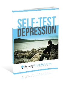 Book cover titled Self-Test Depression featuring a person sitting on rocky ground overlooking water